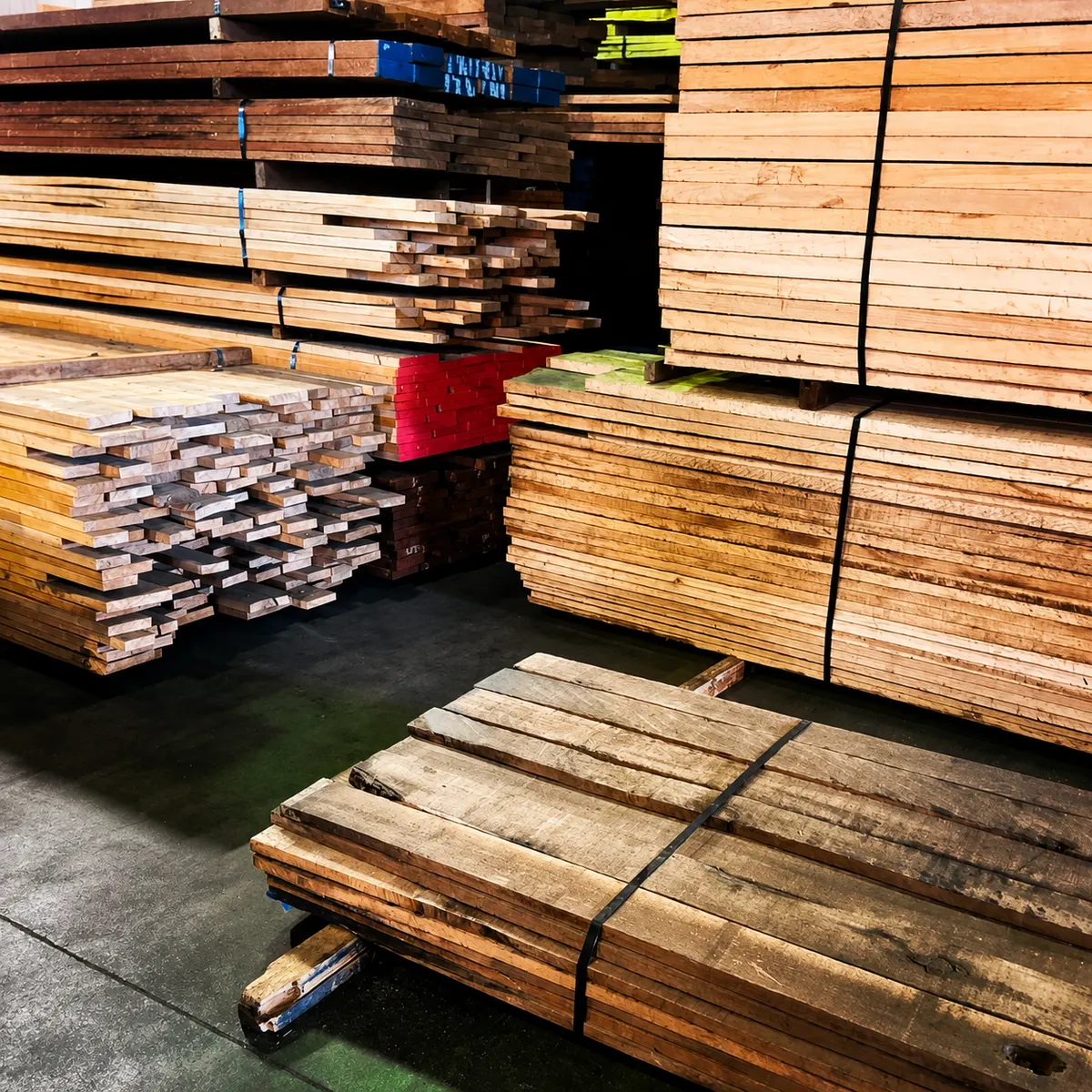 Stacks of seasoned tonewood boards in the workshop